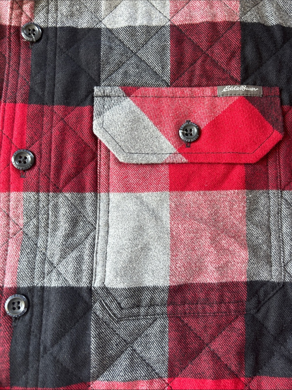 Eddie Bauer Red Black Gray Quilted Plaid Shirt Jacket - Picture 4 of 7